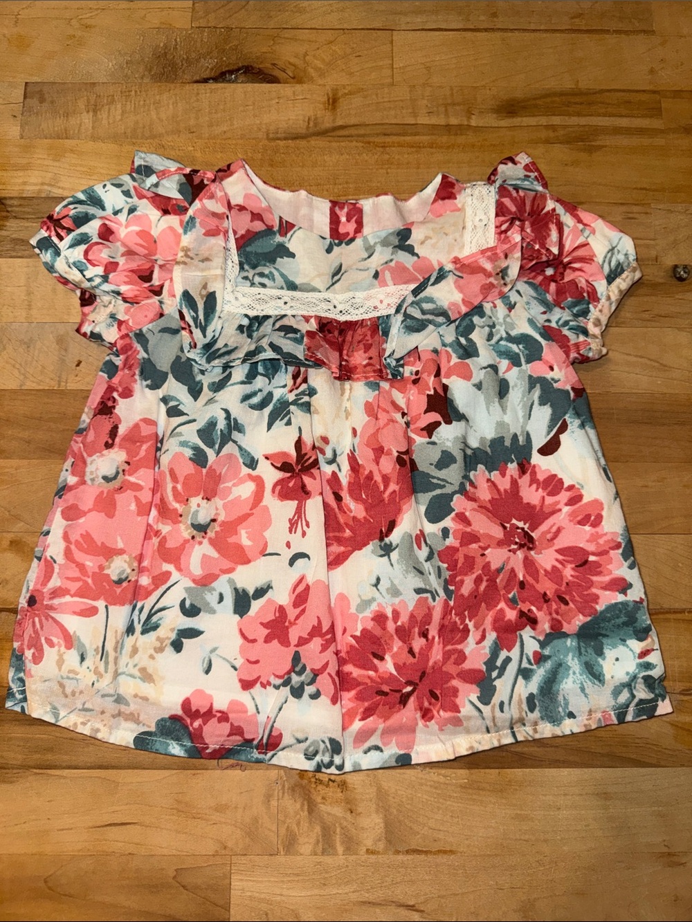 Janie and Jack Pink & Teal Floral Lace-Trim Blouse